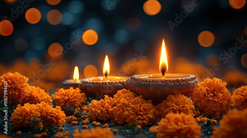 Glowing oil lamps and marigold flowers on a bright background, symbolizing cultural festivals like Diwali, ideal for holiday greetings or event invitations. photo