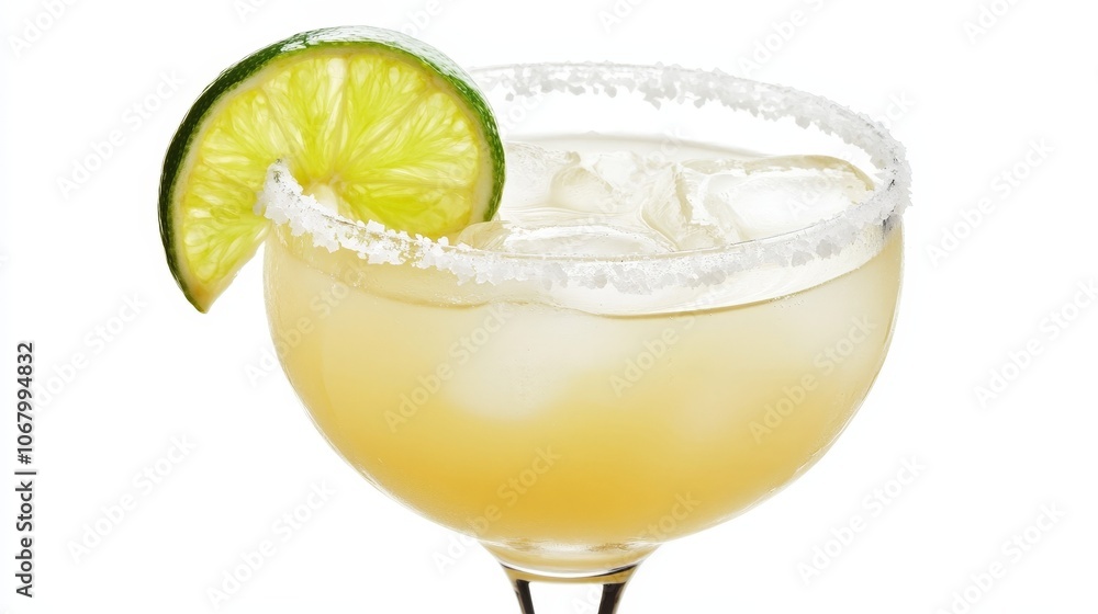 A chilled margarita with a salted rim and lime wedge, isolated on a white background A chilled margarita with a salted rim and lime wedge, isolated on a white background