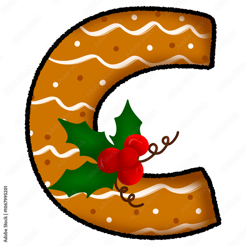 Letter c christmas cookie and snow pattern and decorated with holly Letter c christmas cookie and snow pattern and decorated with holly