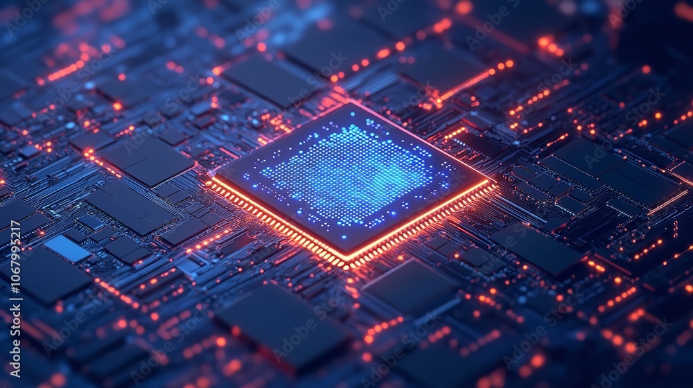 Glowing Light Blue Neon AI Chip with Thin Circuit Contact Lines Glowing Light Blue Neon AI Chip with Thin Circuit Contact Lines