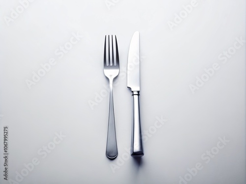 Elegant Presentation of Fork and Knife on a White Background for Culinary Arts and Restaurant Decor, Perfect for Menu Design, Food Photography, and Dining Table Settings photo