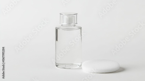 A clear bottle of micellar water with a cotton pad beside it, isolated on a white background