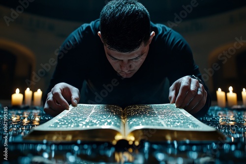 A gothic-inspired scene with a person hyperfocused on an ancient book, surrounded by candles and dark decor photo