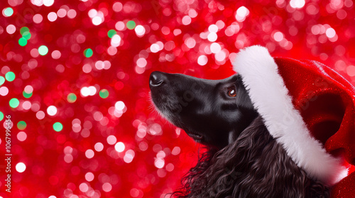 Adorable cute afghan hound dog wearing santa claus hat festive happy merry Christmas celebration fashion red green wallpaper background with copy space photo