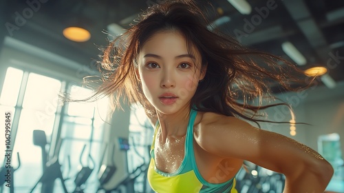 A dynamic full shot of an Asian woman mid-jump during a cardio workout, hair and limbs in motion, wearing vibrant athletic gear, gym background with mirrors and fitness equipment,