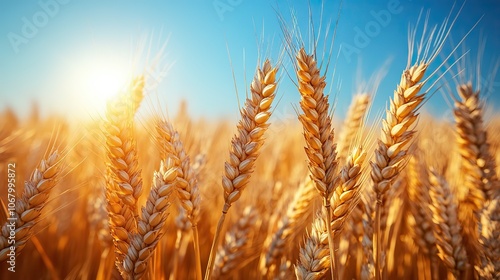 Golden ears of wheat against a sunny blue sky, representing the beauty of nature and a rich harvest in a summer or autumn field.