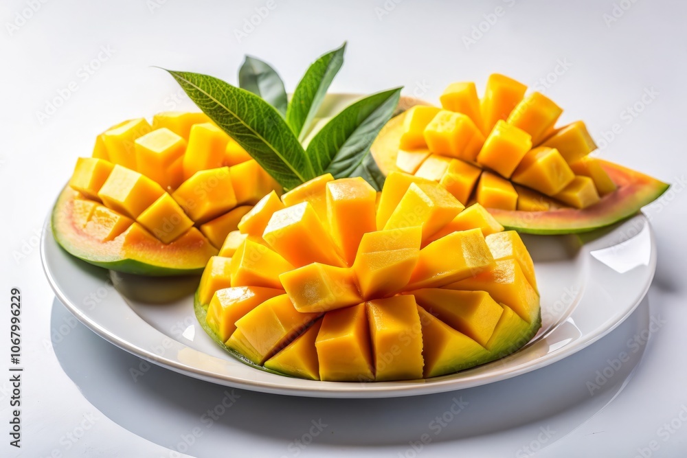 Fresh and Delicious Ripe Mango Slices Artfully Arranged on a White Plate Isolated Against a Clean White Background for Culinary and Food Photography Fresh and Delicious Ripe Mango Slices Artfully Arranged on a White Plate Isolated Against a Clean White Background for Culinary and Food Photography