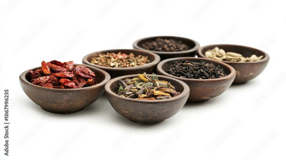 A collection of traditional Chinese herbs in small bowls, isolated on a white background