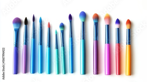 A colorful eyeshadow brush set with different brush shapes, isolated on a white background