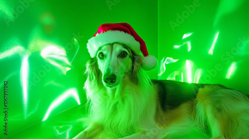 Adorable cute afghan hound dog wearing santa claus hat festive happy merry Christmas celebration fashion red green wallpaper background with copy space photo