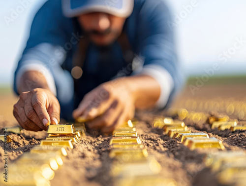 person arranging gold bars on soil, symbolizing wealth and growth