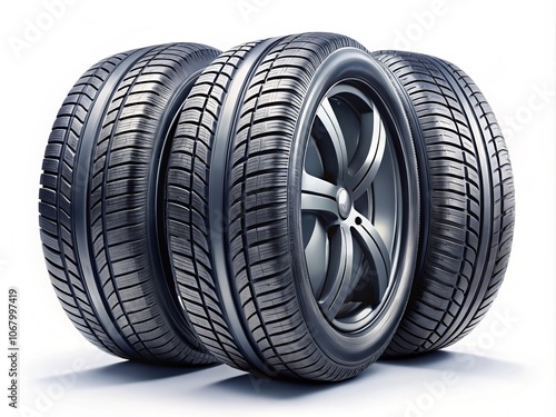 High-Quality Portrait Photography of Isolated Car Tires on a Clean White Background for Automotive and Tire Industry Use