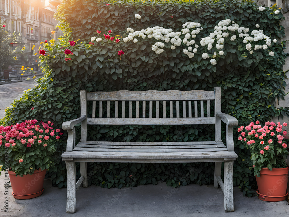 Art bench and flowers in the morning Art bench and flowers in the morning