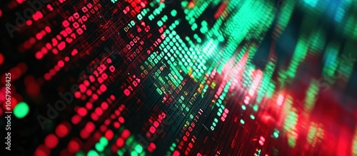 Wallpaper Mural Stock market numbers displayed on an LED ticker tape, zoomed-in view, green and red colors Torontodigital.ca