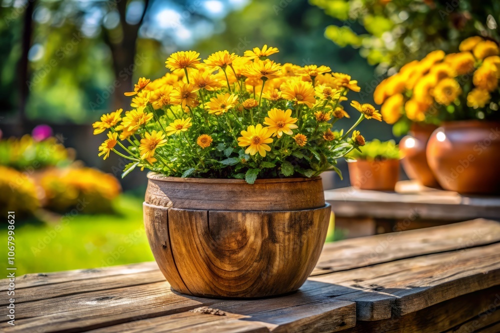 Long Outdoor Decorative Wooden Summer Pot with Vibrant Yellow Flowers Isolated on a Natural Background, Perfect for Enhancing Garden Spaces and Outdoor Decor Aesthetics Long Outdoor Decorative Wooden Summer Pot with Vibrant Yellow Flowers Isolated on a Natural Background, Perfect for Enhancing Garden Spaces and Outdoor Decor Aesthetics