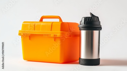A construction worker's lunchbox and thermos, isolated on a white background