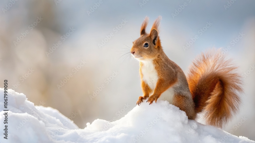 Majestic Eurasian Red Squirrel Sitting on Pure White Snow in a Serene Winter Landscape Captured in a Minimalist Photography Style Majestic Eurasian Red Squirrel Sitting on Pure White Snow in a Serene Winter Landscape Captured in a Minimalist Photography Style