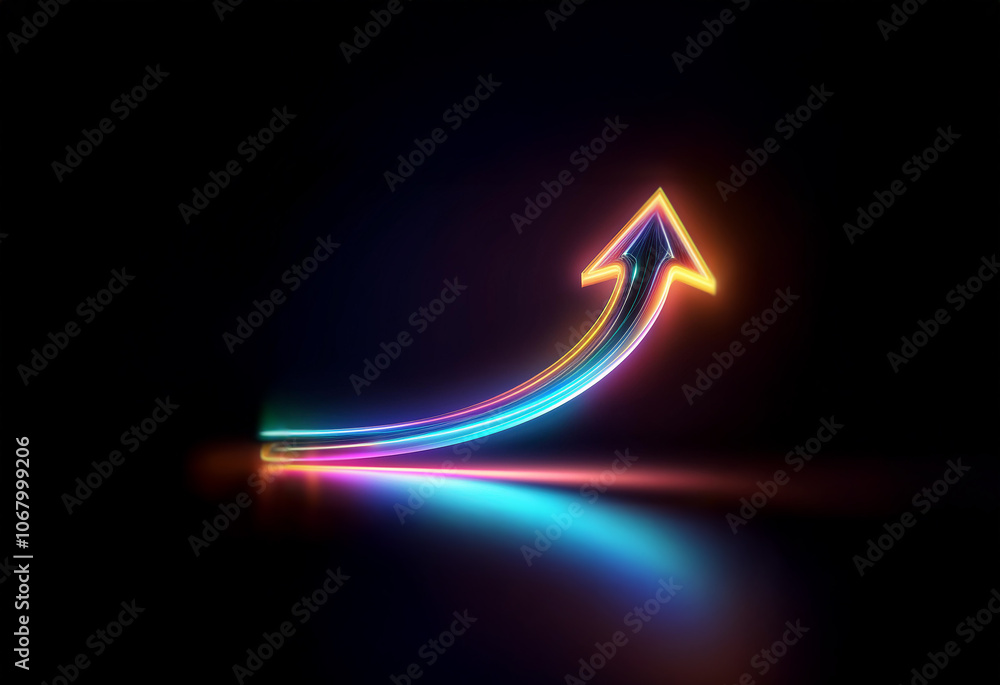 A glowing neon arrow points upward against a dark background. It reflects on a shiny surface. A glowing neon arrow points upward against a dark background. It reflects on a shiny surface.