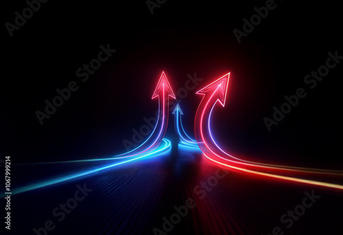 Two glowing arrows point upwards, one red, one blue, with streaks of light trailing behind them.