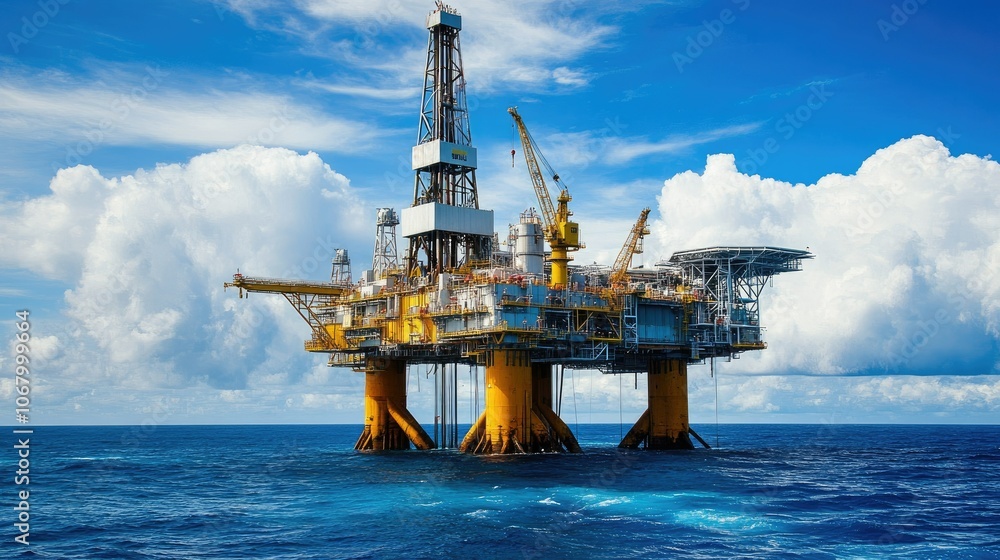 Offshore Oil Rig in Clear Blue Ocean Under Bright Sky