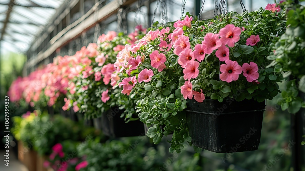 Hanging pink petunias and geraniums growing in a greenhouse, perfect for spring florists or local market business. Hanging pink petunias and geraniums growing in a greenhouse, perfect for spring florists or local market business.