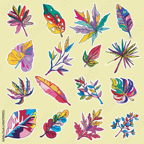 A vibrant collection of colorful, abstract leaf illustrations in various shapes and sizes. The leaves are stylized with bold lines and bright colors, perfect for adding a tropical touch to any design.