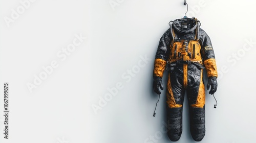 A diving suit with a wetsuit design, hanging on a hook, isolated on a white background