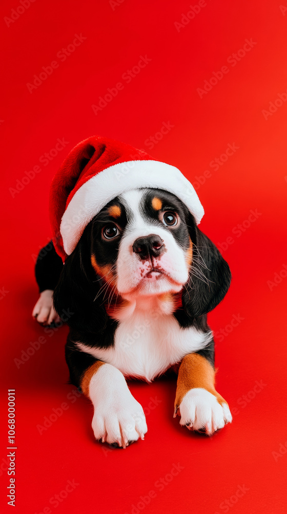 Adorable cute dog puppy wearing santa claus hat festive happy merry Christmas celebration fashion red green wallpaper background with copy space Adorable cute dog puppy wearing santa claus hat festive happy merry Christmas celebration fashion red green wallpaper background with copy space