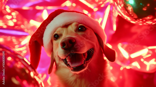 Adorable cute dog puppy wearing santa claus hat festive happy merry Christmas celebration fashion red green wallpaper background with copy space photo