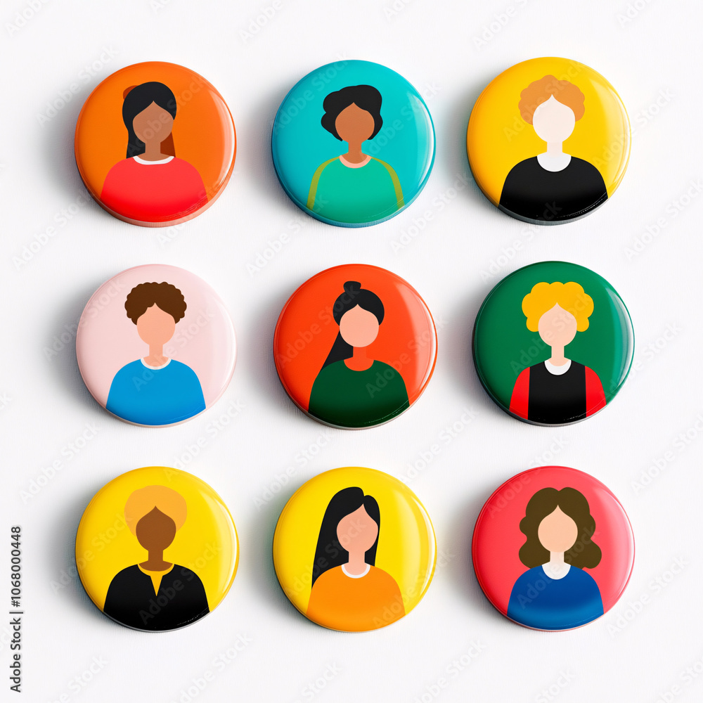 colorful round badge icons with diverse female characters isolated on white background colorful round badge icons with diverse female characters isolated on white background