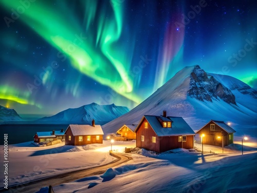 Night Photography of Ny Alesund, Svalbard: Captivating Arctic Landscapes and Sky filled with Northern Lights at the Gateway to the North Pole, Iconic Research Station in a Remote Location photo