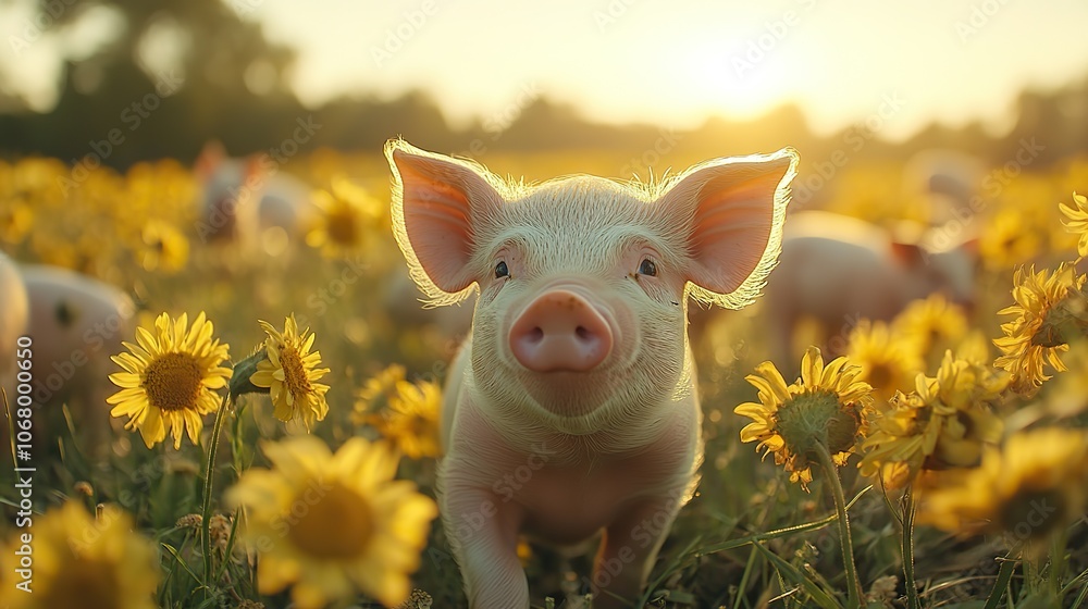 Happy piglets play in a sunny field, representing a wholesome, organic farming and agriculture concept. Happy piglets play in a sunny field, representing a wholesome, organic farming and agriculture concept.