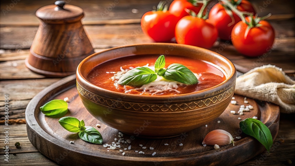 A rustic wooden table holds a warm bowl of creamy tomato soup adorned with fresh basil leaves, surrounded by plump tomatoes and a scattering of sea salt. A rustic wooden table holds a warm bowl of creamy tomato soup adorned with fresh basil leaves, surrounded by plump tomatoes and a scattering of sea salt.