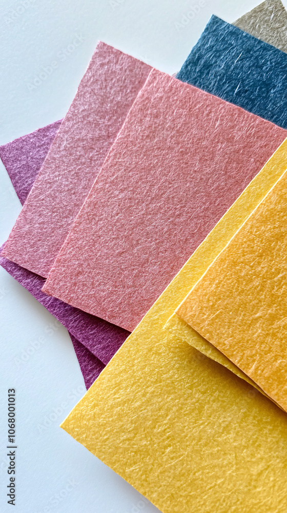 Fototapeta premium colorful textured paper sheets layered in a stack on a white background.