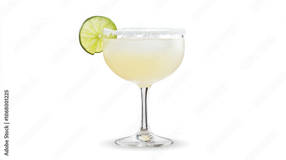A frosty margarita with salt on the rim and a lime wedge, served in a classic margarita glass, isolated on a white background A frosty margarita with salt on the rim and a lime wedge, served in a classic margarita glass, isolated on a white background