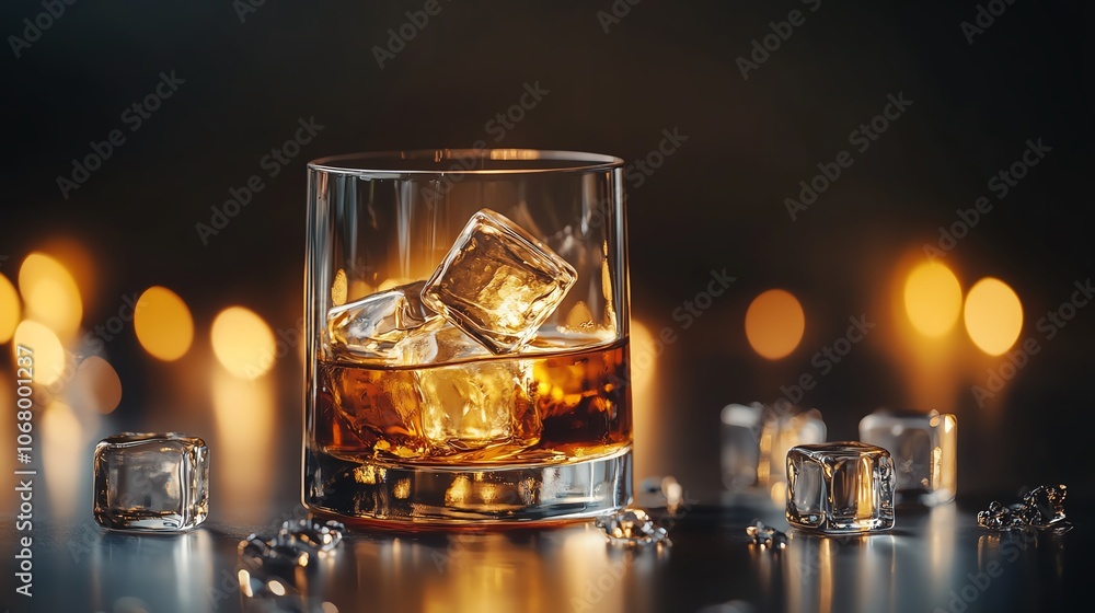 A glass of whiskey with ice cubes, elegantly displayed against a blurred warm background, perfect for drink enthusiasts. A glass of whiskey with ice cubes, elegantly displayed against a blurred warm background, perfect for drink enthusiasts.