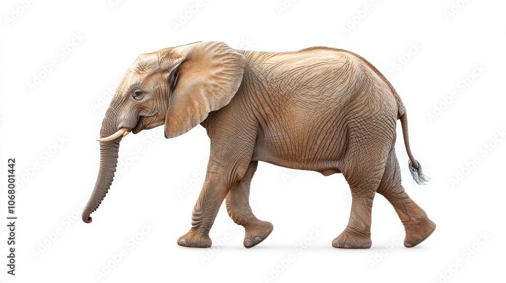 A gentle elephant walking forward with its trunk raised, isolated on a white background A gentle elephant walking forward with its trunk raised, isolated on a white background