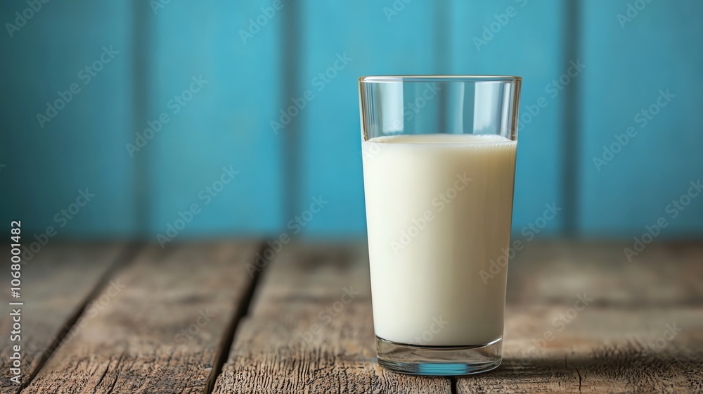 A refreshing glass of milk sits on a rustic wooden table against a vibrant blue background, perfect for culinary and lifestyle imagery. A refreshing glass of milk sits on a rustic wooden table against a vibrant blue background, perfect for culinary and lifestyle imagery.