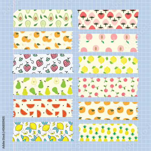 Washi tapes fruits with swatches seamless repeat patterns