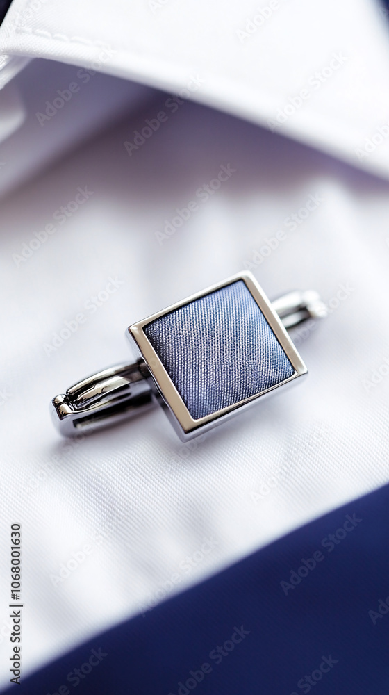 closeup of silver cufflinks with blue fabric on white shirt cuff closeup of silver cufflinks with blue fabric on white shirt cuff