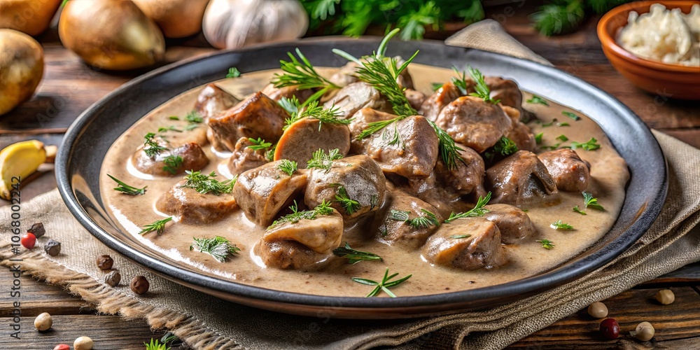 Creamy Mushroom and Herb Stew in a Rustic Setting Creamy Mushroom and Herb Stew in a Rustic Setting