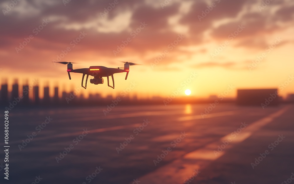 A drone hovers in the sky during a vibrant sunset, casting a warm glow over an open landing area. A drone hovers in the sky during a vibrant sunset, casting a warm glow over an open landing area.