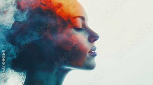 double exposure portrait of a woman with red and blue smoke surrounding her face