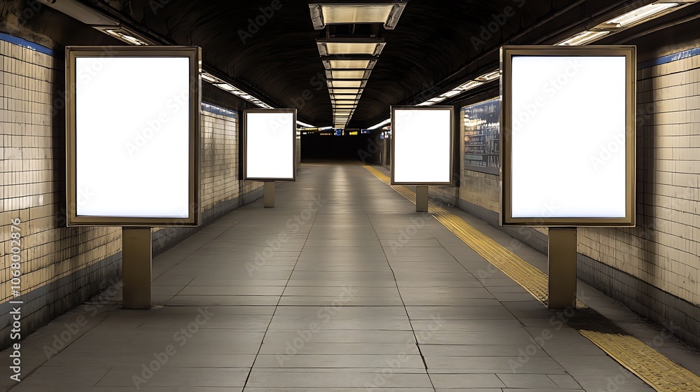 Empty Underground Subway Station with Blank Advertisement Panels Empty Underground Subway Station with Blank Advertisement Panels
