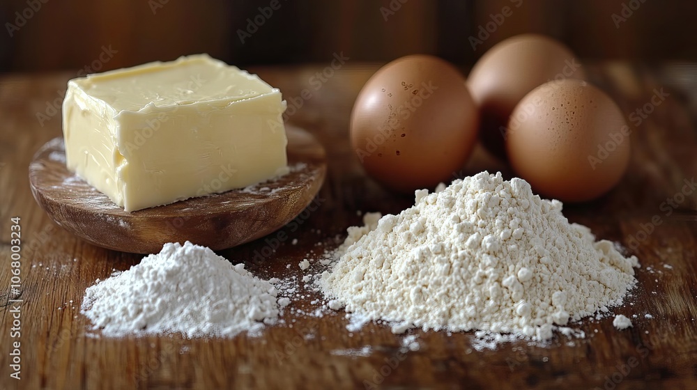 Ingredients for bakery, including eggs, flour, and butter, perfect for baking-themed banners or healthy food concepts. Ingredients for bakery, including eggs, flour, and butter, perfect for baking-themed banners or healthy food concepts.