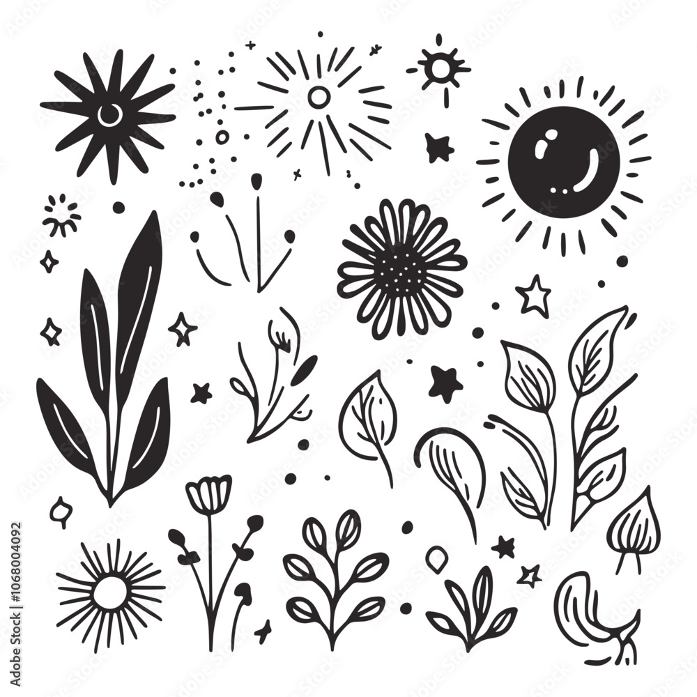 Fototapeta premium Hand-Drawn Floral Elements Including Leaves, Flowers, and Sunbursts