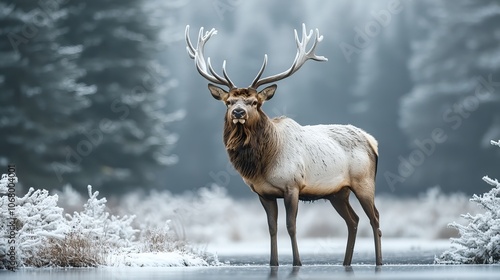 Large male elk in a winter forest, perfect for wildlife banners or Christmas backgrounds featuring nature scenes.