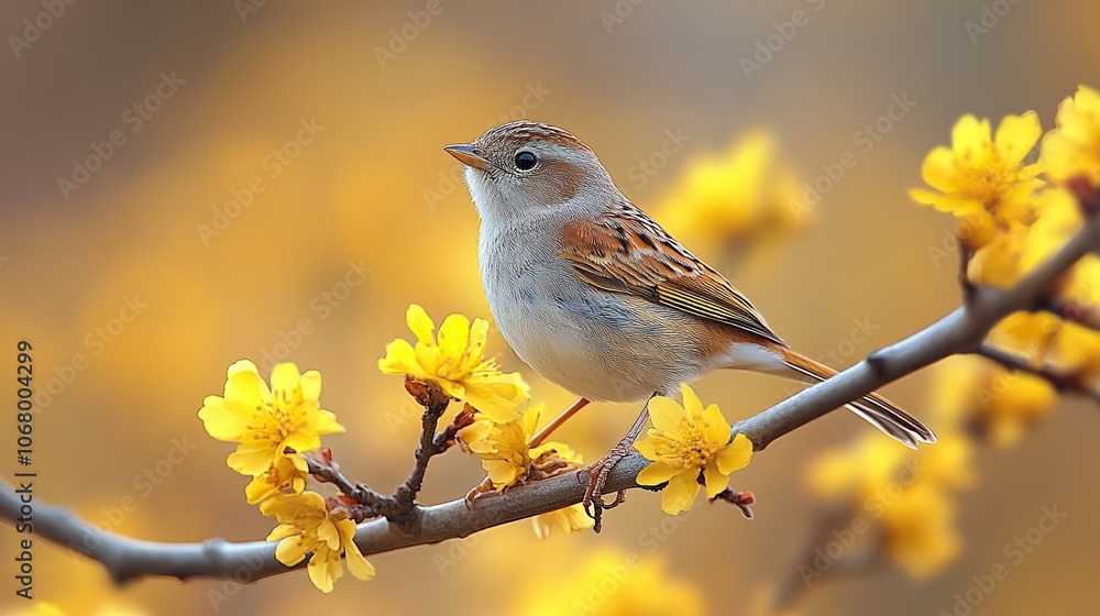 Fototapeta premium Little bird perched on a branch with yellow flowers in a spring garden, representing beautiful nature in spring or summer.