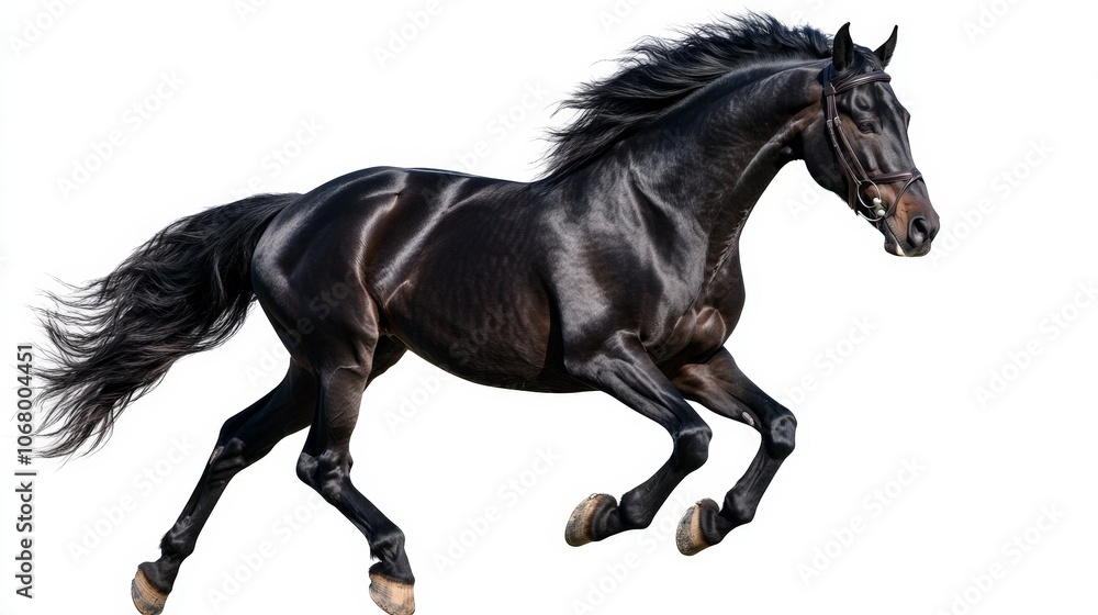 A magnificent black stallion galloping at full speed, isolated on a white background A magnificent black stallion galloping at full speed, isolated on a white background