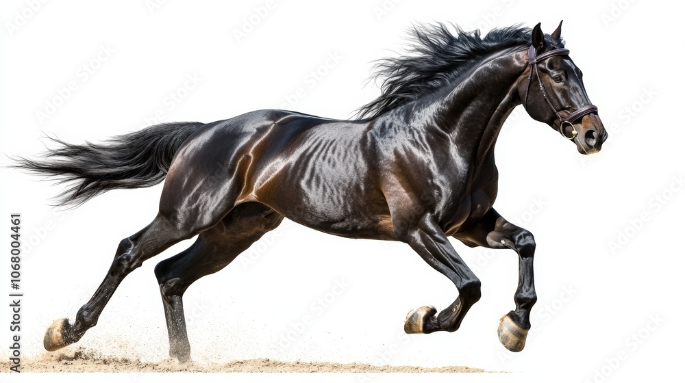 A magnificent black stallion galloping at full speed, isolated on a white background A magnificent black stallion galloping at full speed, isolated on a white background